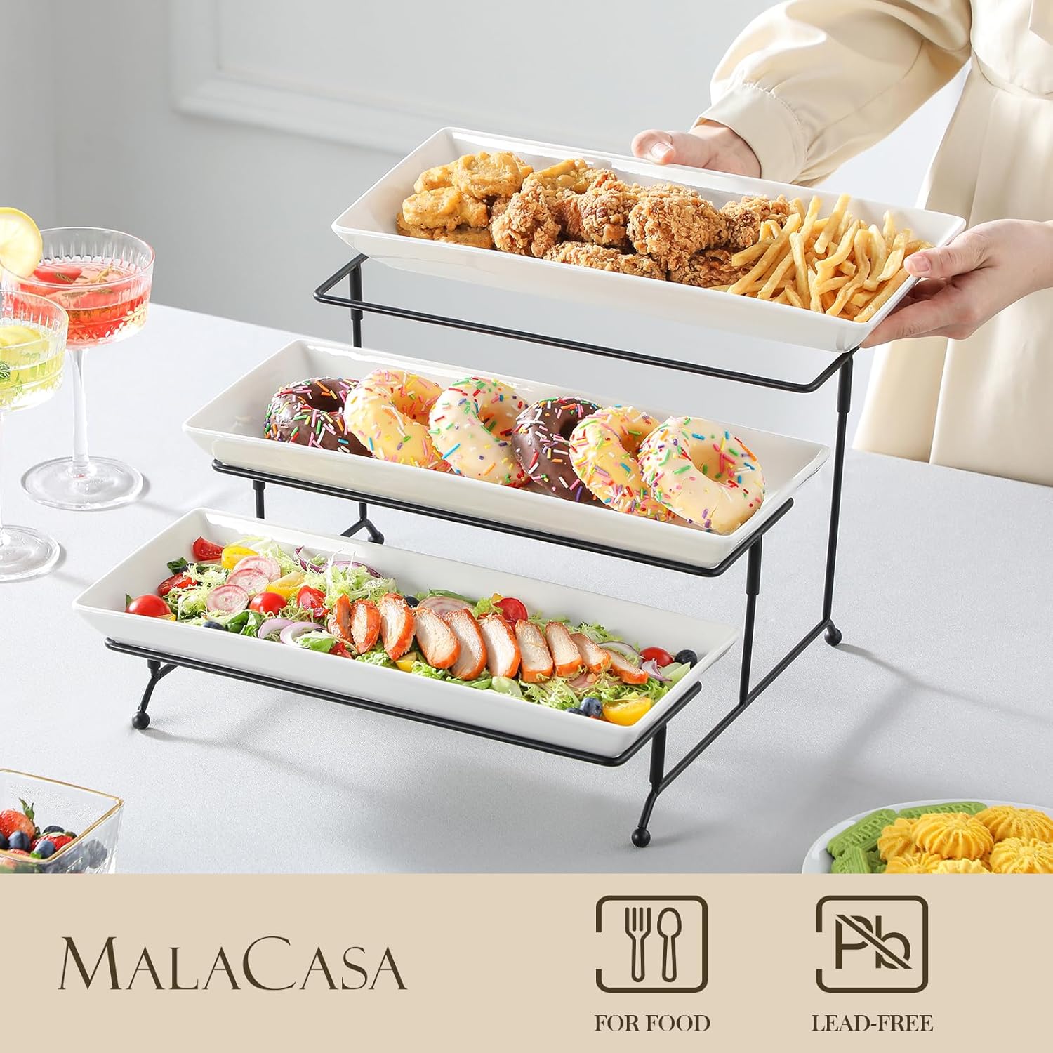 Detalle de MALACASA 3-Tier Serving Tray, Porcelain Tiered Cupcake Stand (White, 14 Inch)