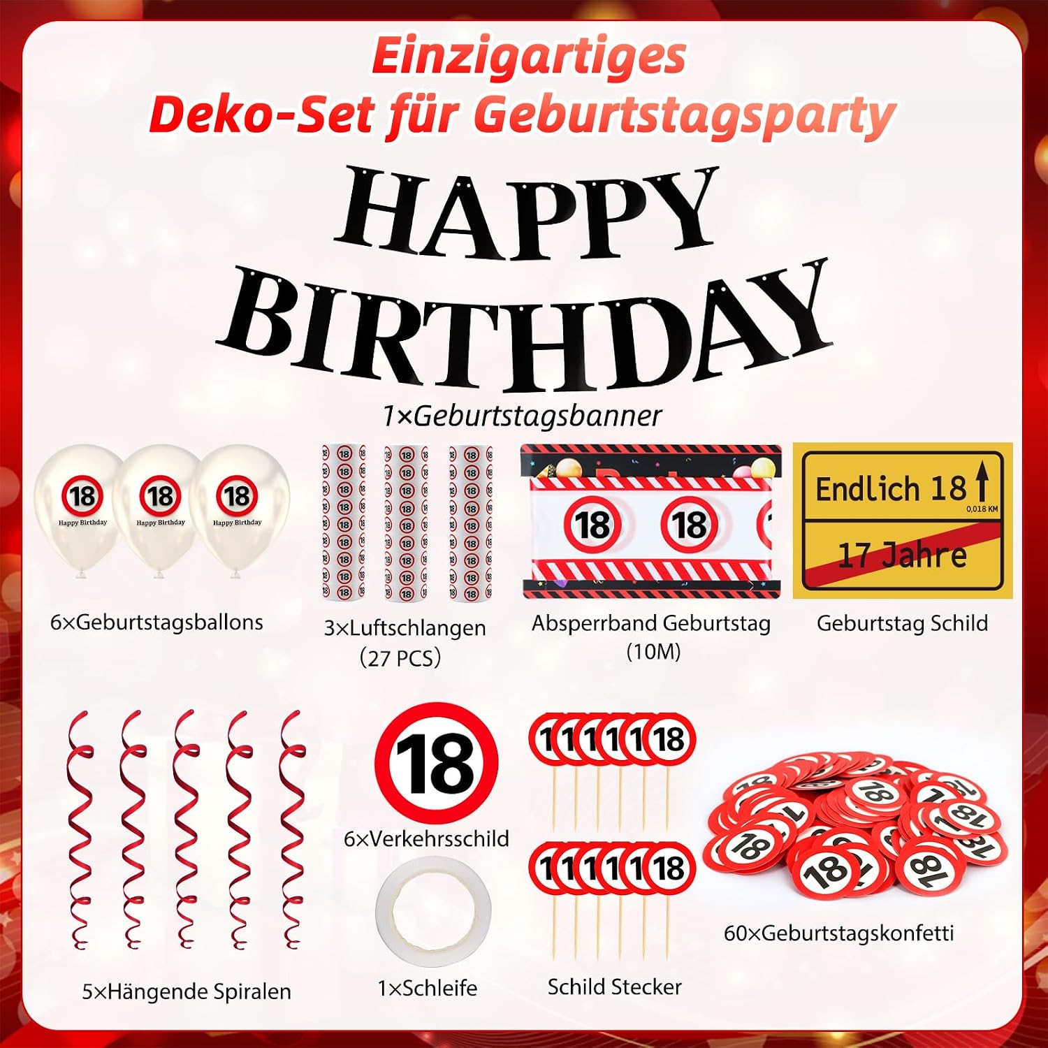 Detalle de WenmthG 18. Geburtstag Deko-Set mit Banner, Verkehrszeichen, Luftballons, Konfetti und Absperrband