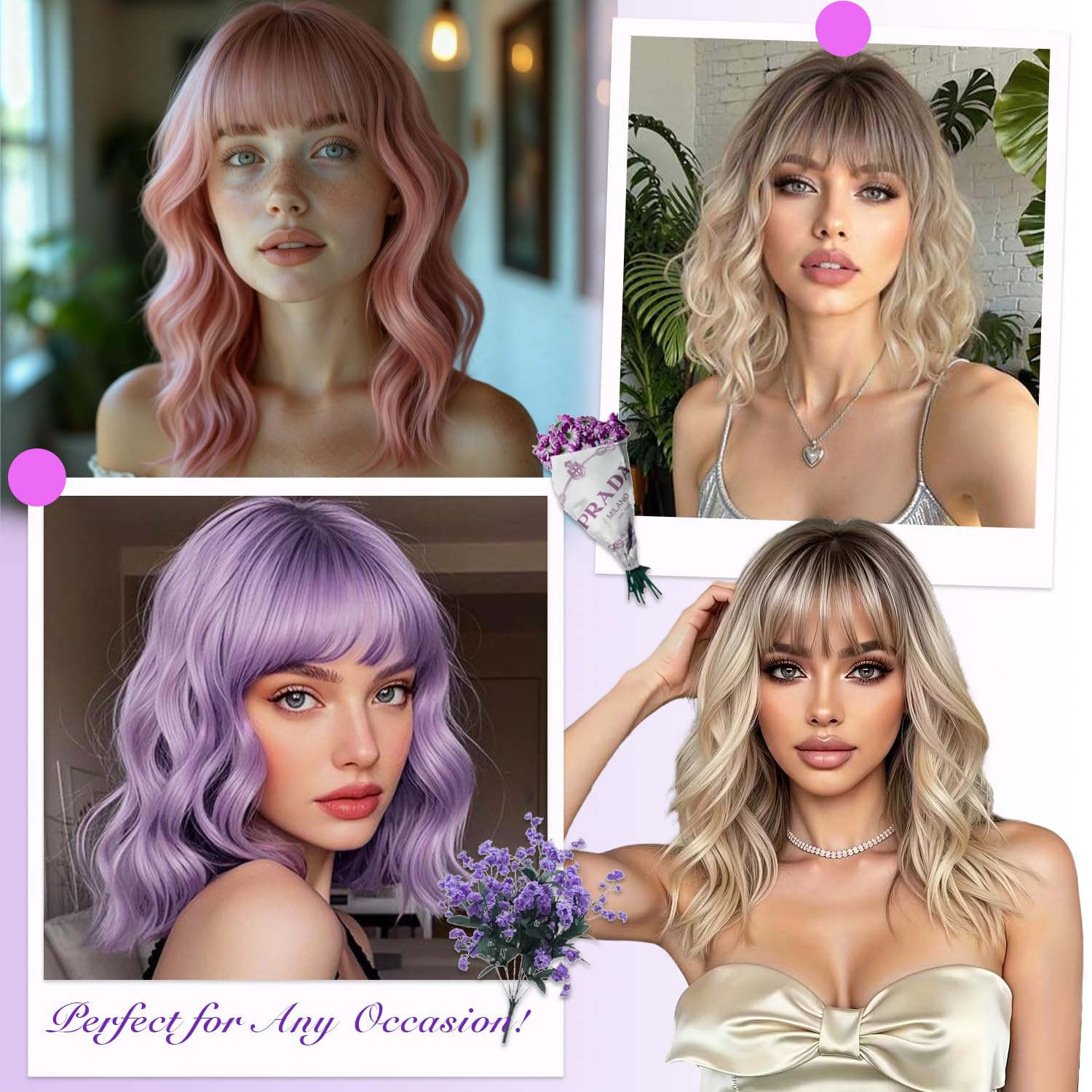 Thumbnail 5 de Short Wavy Wig with Bangs for Women - Ombre Blonde Synthetic Bob Wig
