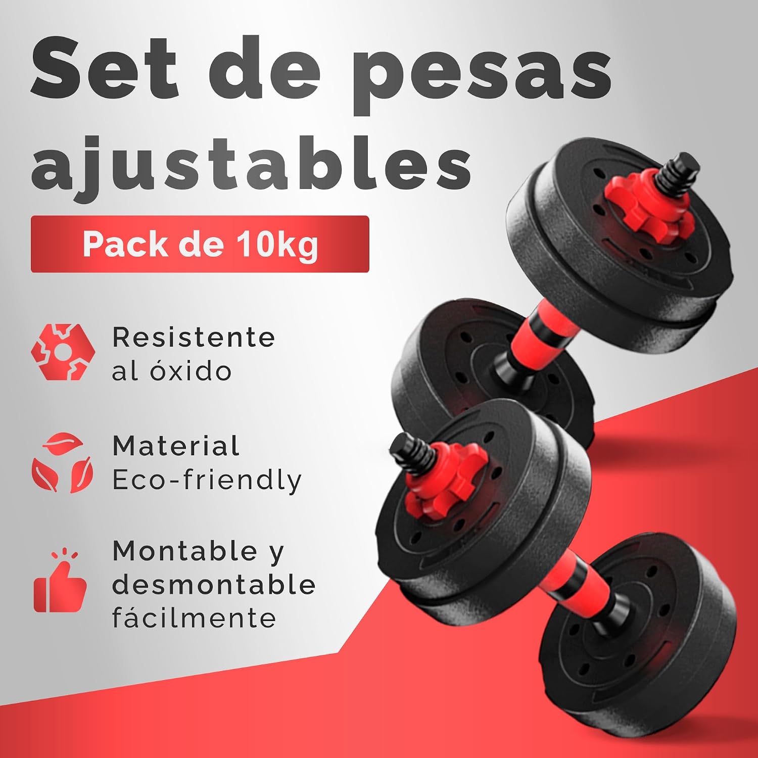 Detalle 2 de JUPPLIES Juego de Mancuernas Ajustables 2 en 1 de 10 kg, Barra Recta y Discos Recubiertos