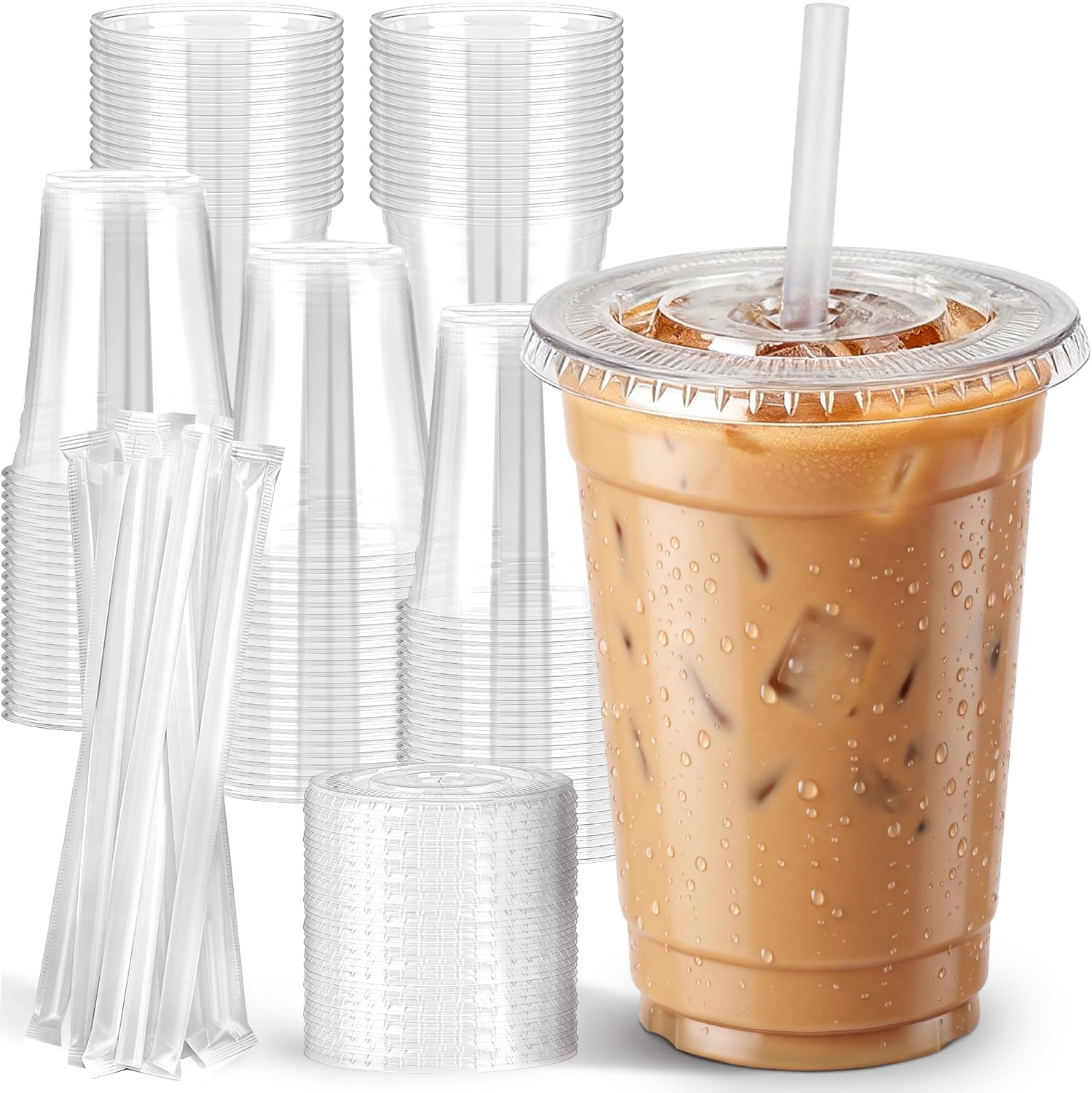 Detalle de Lideropa 100 Pack 16oz Clear Plastic Cups with Lids and Straws