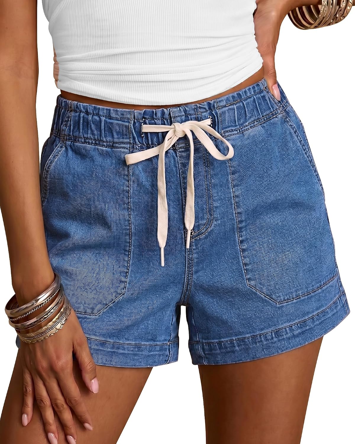 Imagen de luvamia High-Waisted Pull-On Jean Shorts for Women with Drawstring (Elastic Waist) en OfertitasTOP