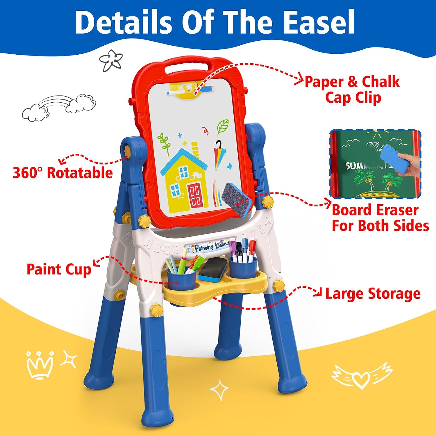 Detalle de Basytodio XF909 Double-Sided Kids’ Art Easel with Magnetic Chalkboard