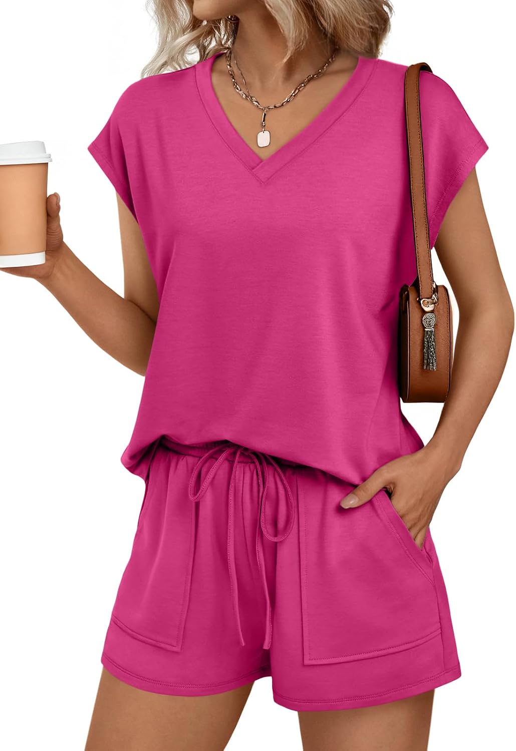 Thumbnail 6 de AUTOMET Women 2 Piece V Neck Matching Lounge Set - Spring/Summer Shortset