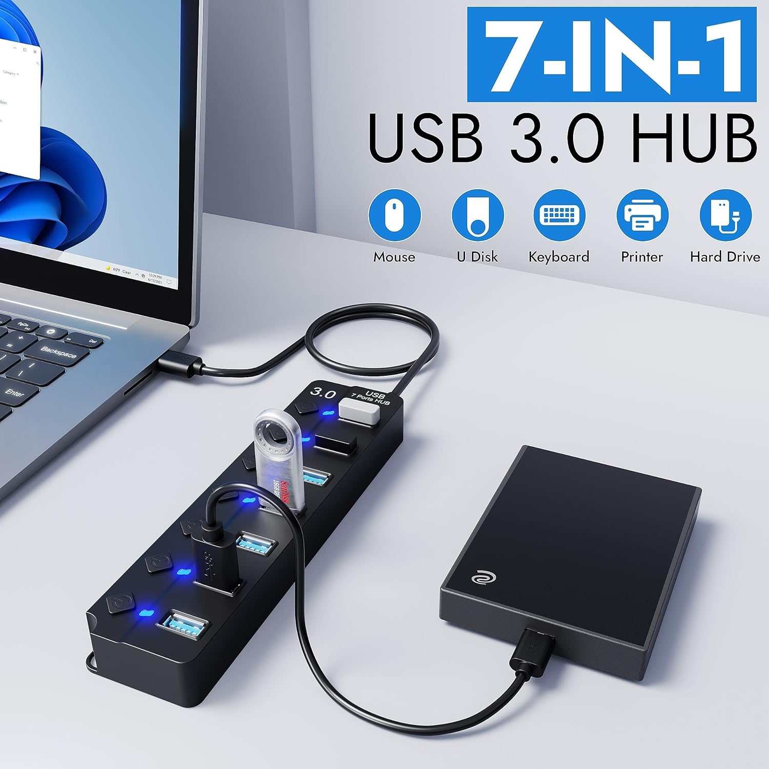 Thumbnail 1 de GLOBAL TECH 7-Port USB Hub 3.0 with individual switches 🔌