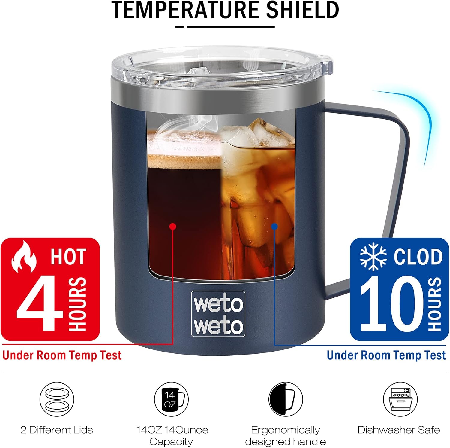 Detalle de WETOWETO 14 oz Vacuum Insulated Stainless Steel Coffee Tumbler with Lid (Navy Blue)