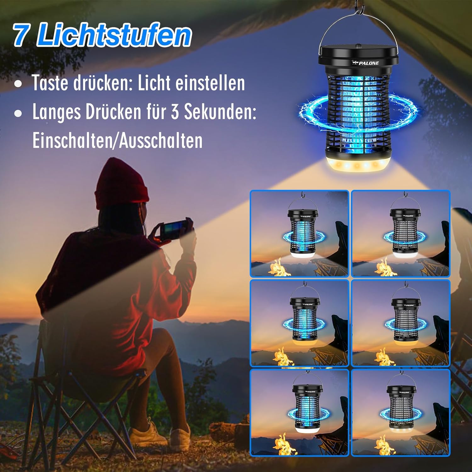 Detalle de PALONE Insektenvernichter Elektrisch Solar LED – 4500V, wiederaufladbar mit USB‑C, 3,5W Solarpanel, IPX4