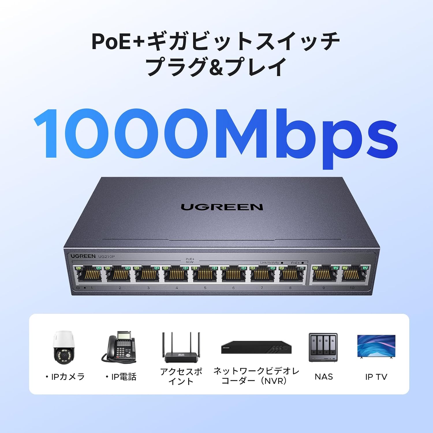 Thumbnail 2 de UGREEN 10ポートPoEスイッチ 8ポート給電・合計60W、VLAN対応のファンレス金属筐体