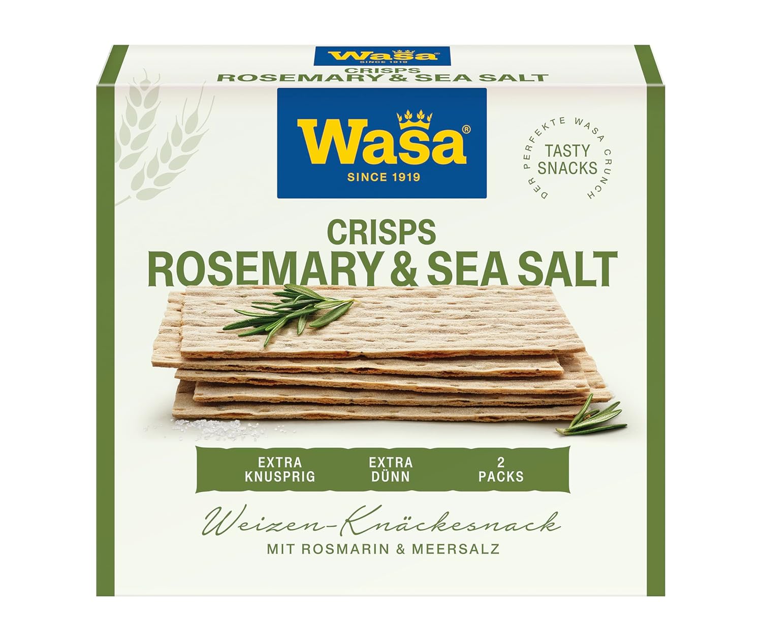 Detalle de Wasa Tasty Snacks Crisps Rosmarin & Meersalz 190 g – Extra dünnes Knäckebrot-Snack-Genuss, 2 Packs