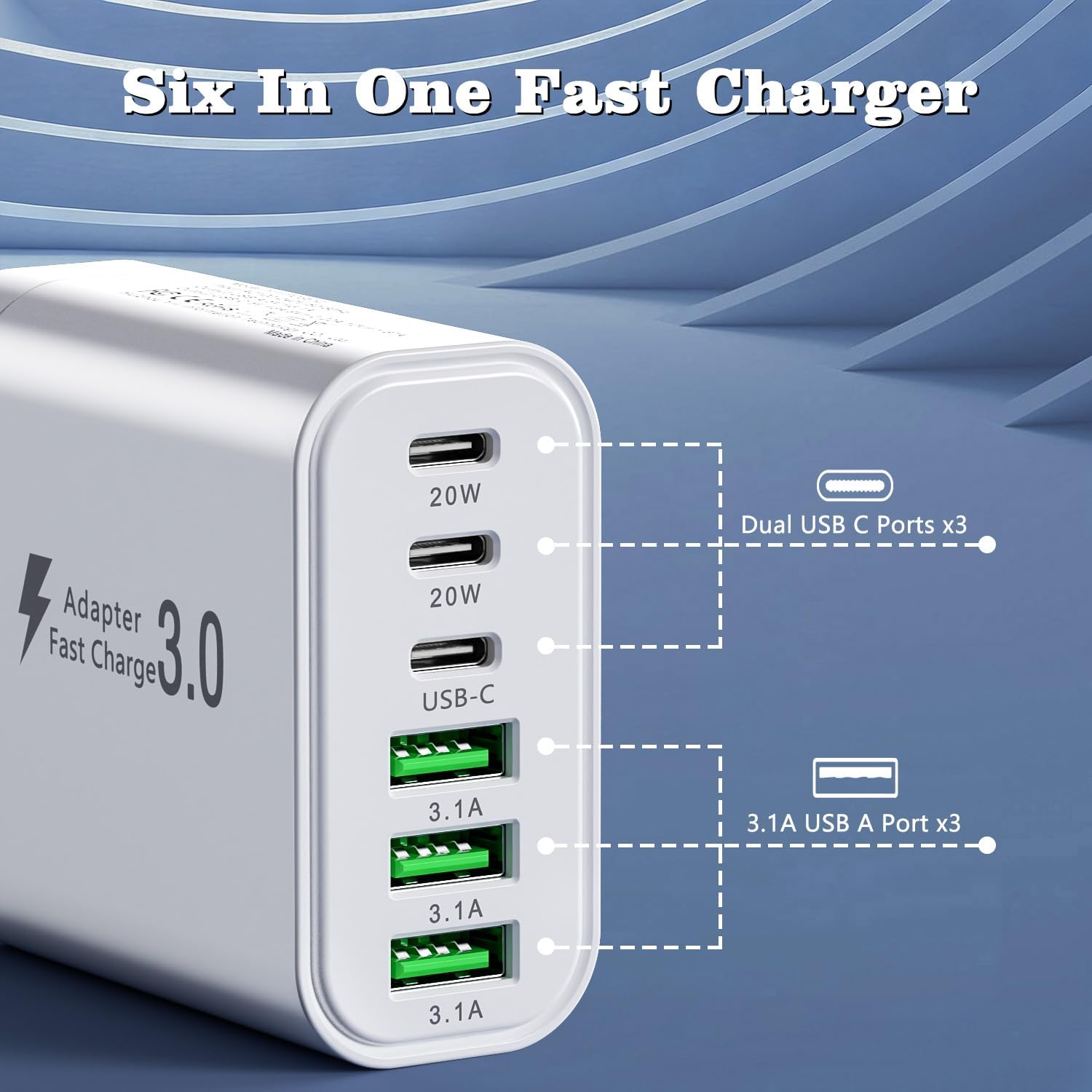 Detalle 2 de Caricatore USB C 52 W a 6 porte: ricarica rapida e versatile per smartphone, tablet e altro