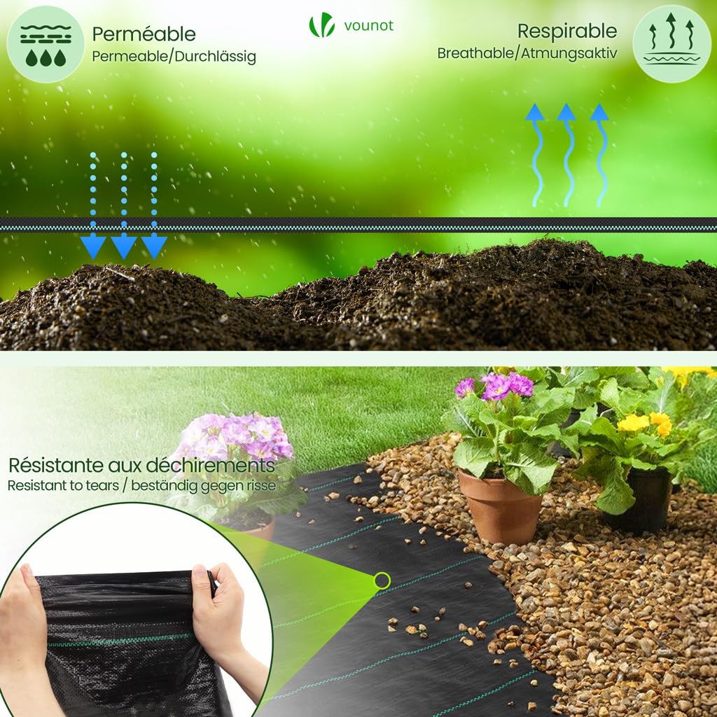 Detalle de VOUNOT Unkrautvlies 2x10m mit 30 Bodenankern – strapazierfähiges Mulchvlies, 100 g/m², PP-Gewebe