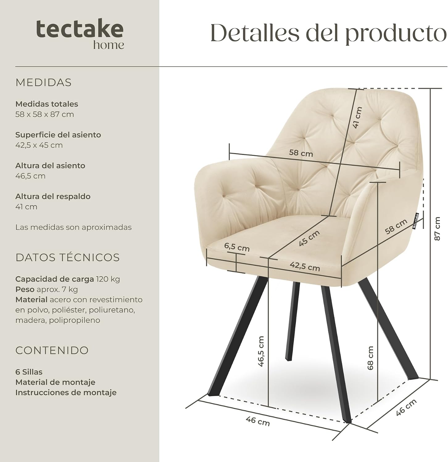 Detalle de tectake Silla giratoria de terciopelo 6 unidades
