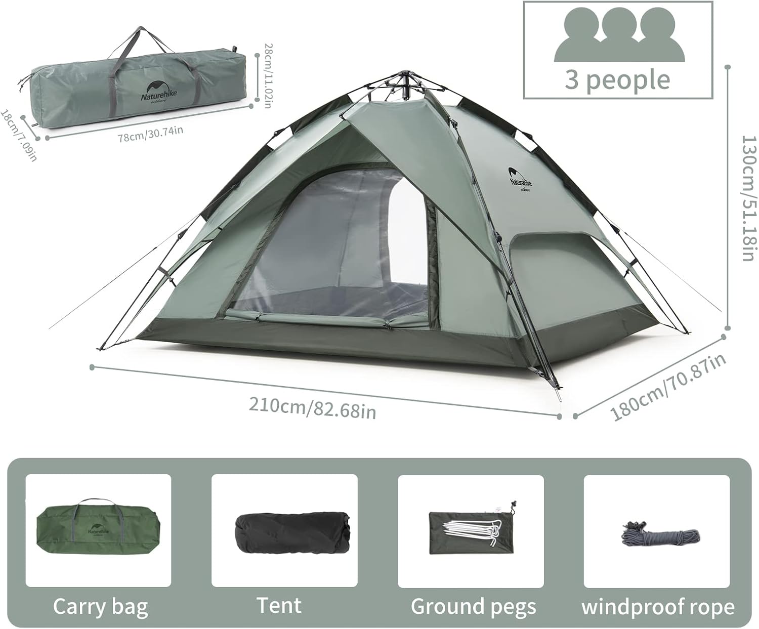 Detalle de Naturehike 3 People Pop-up Camping Tent: pop-uptent voor 3 personen, waterdicht