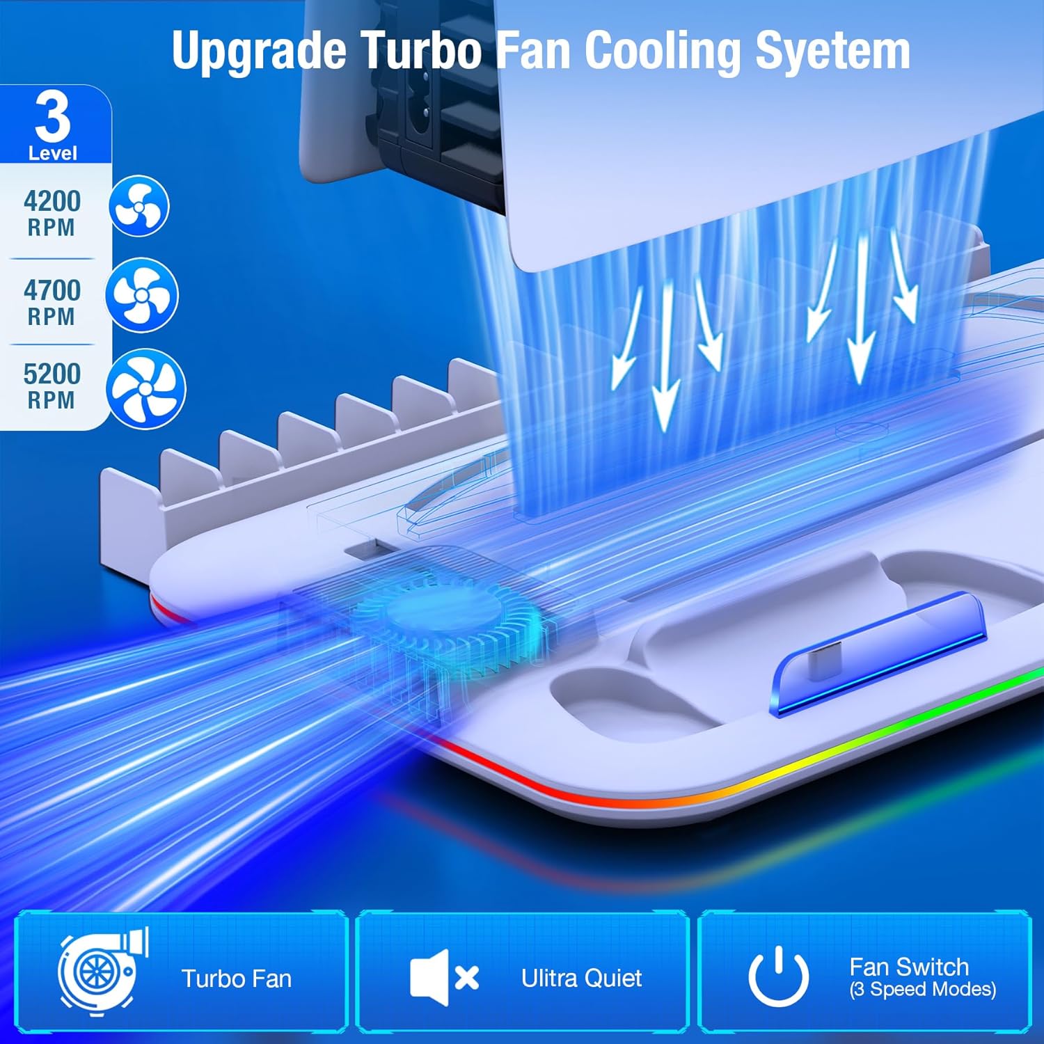 Detalle de PS5 Cooling Station with Dual Controller Charger and RGB — a practical all-in-one accessory