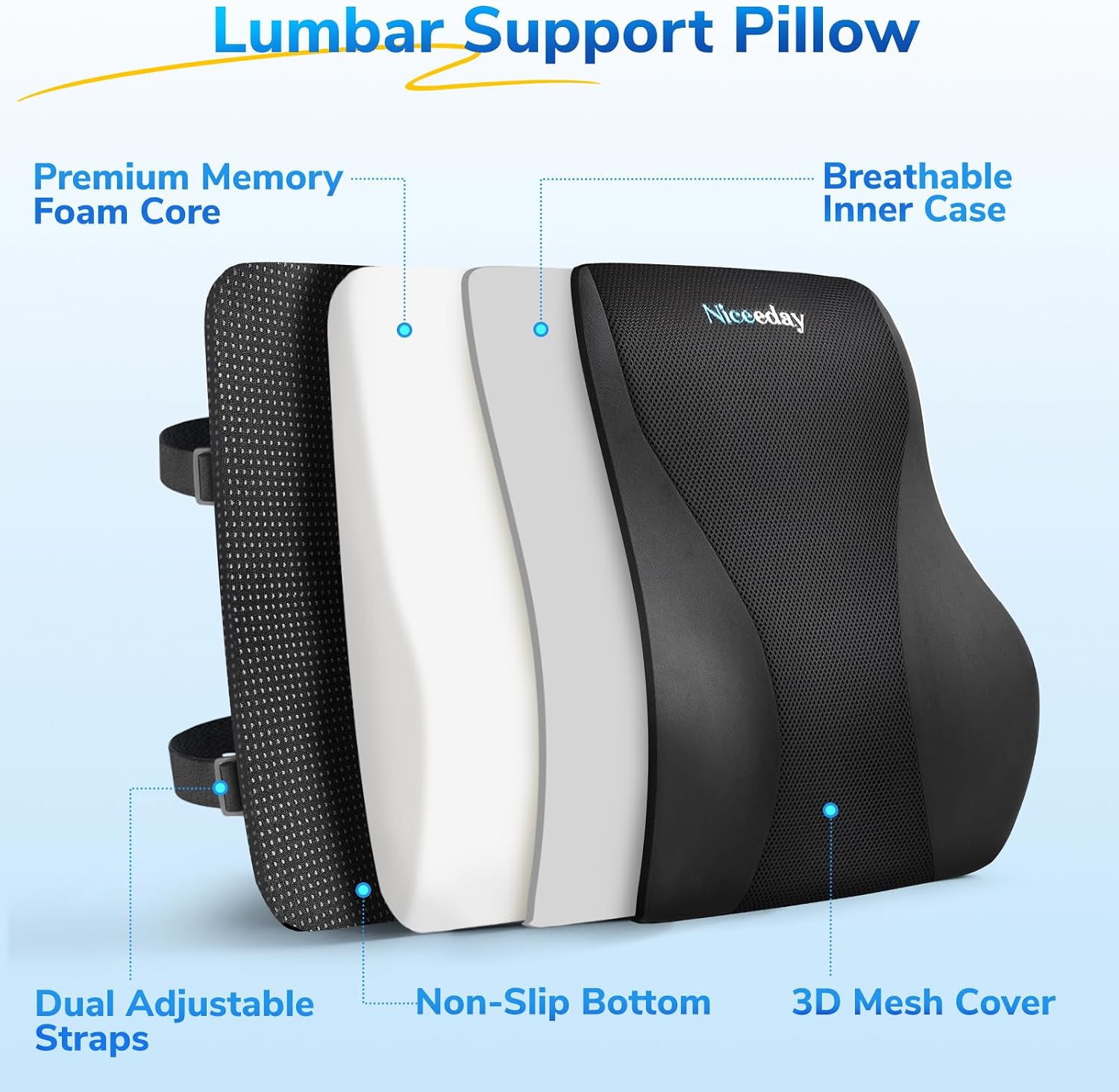 Thumbnail 1 de Niceeday Lumbar Support Pillow for Office Chair and Car – Memory Foam Back Cushion 45×40×12 cm