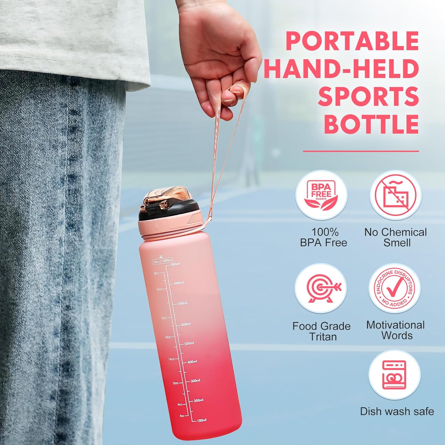 Thumbnail 5 de SEASEVEN 1L Tritan water bottle with straw (BPA-free, leak-proof) in gradient pink