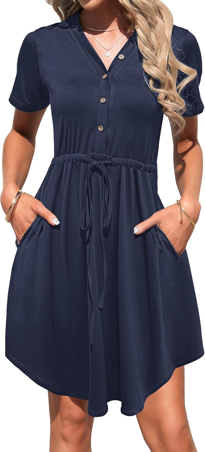 Detalle de MISFAY Women's V-Neck Mini Dress with Short Sleeves, Drawstring & Pockets