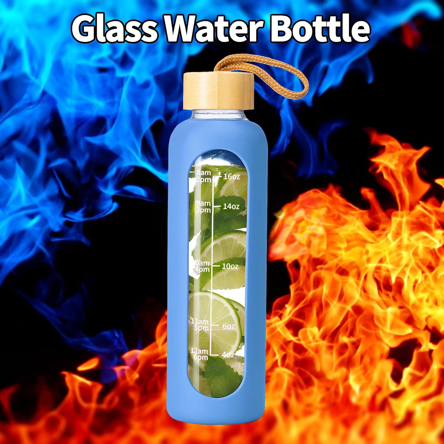 Detalle de FrutPunch 500ml Glass Water Bottle with Time Markings – Blue