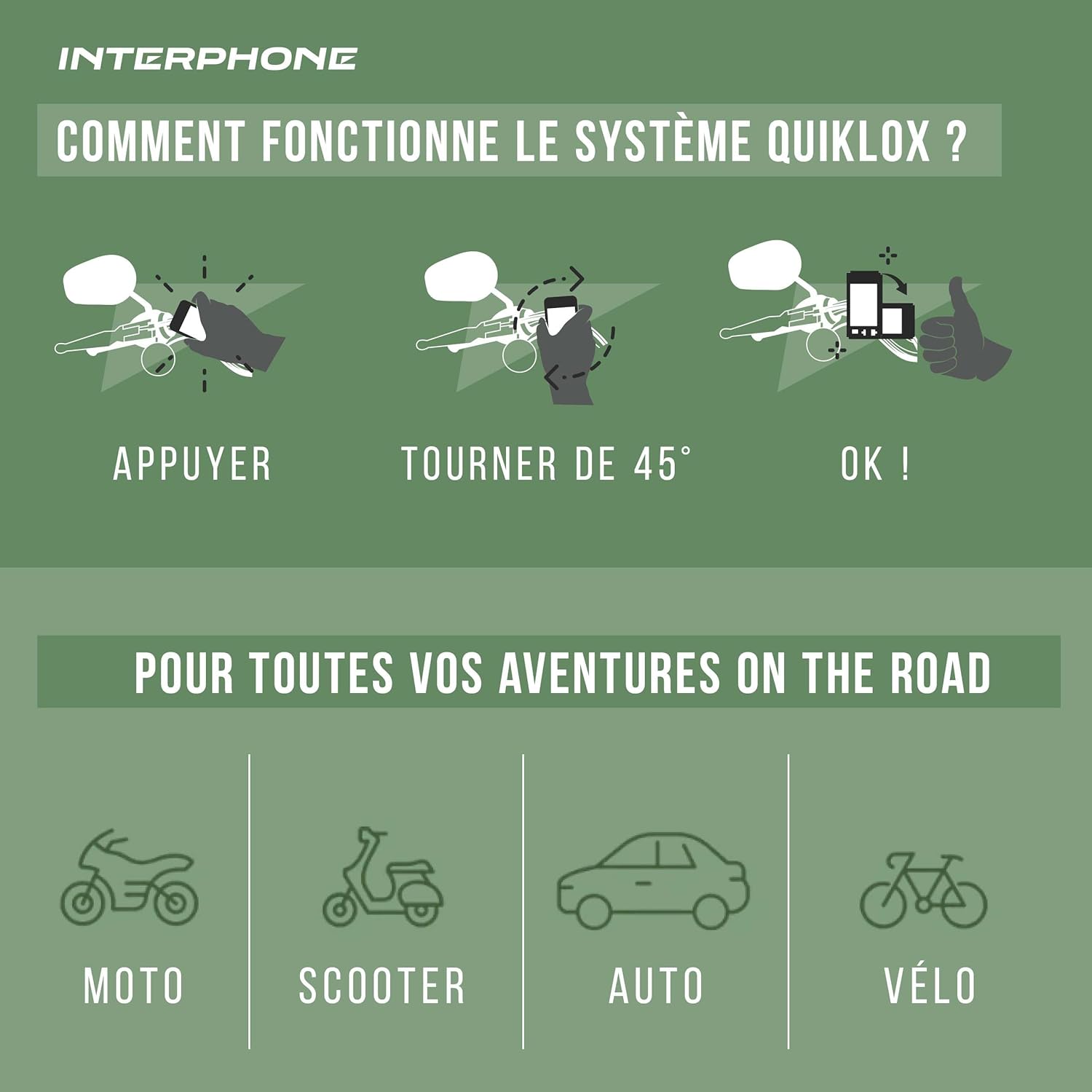 Detalle de Interphone QUIKLOX Crab – Support téléphone moto universel 3,5" à 7,5" compatible avec toutes les housses