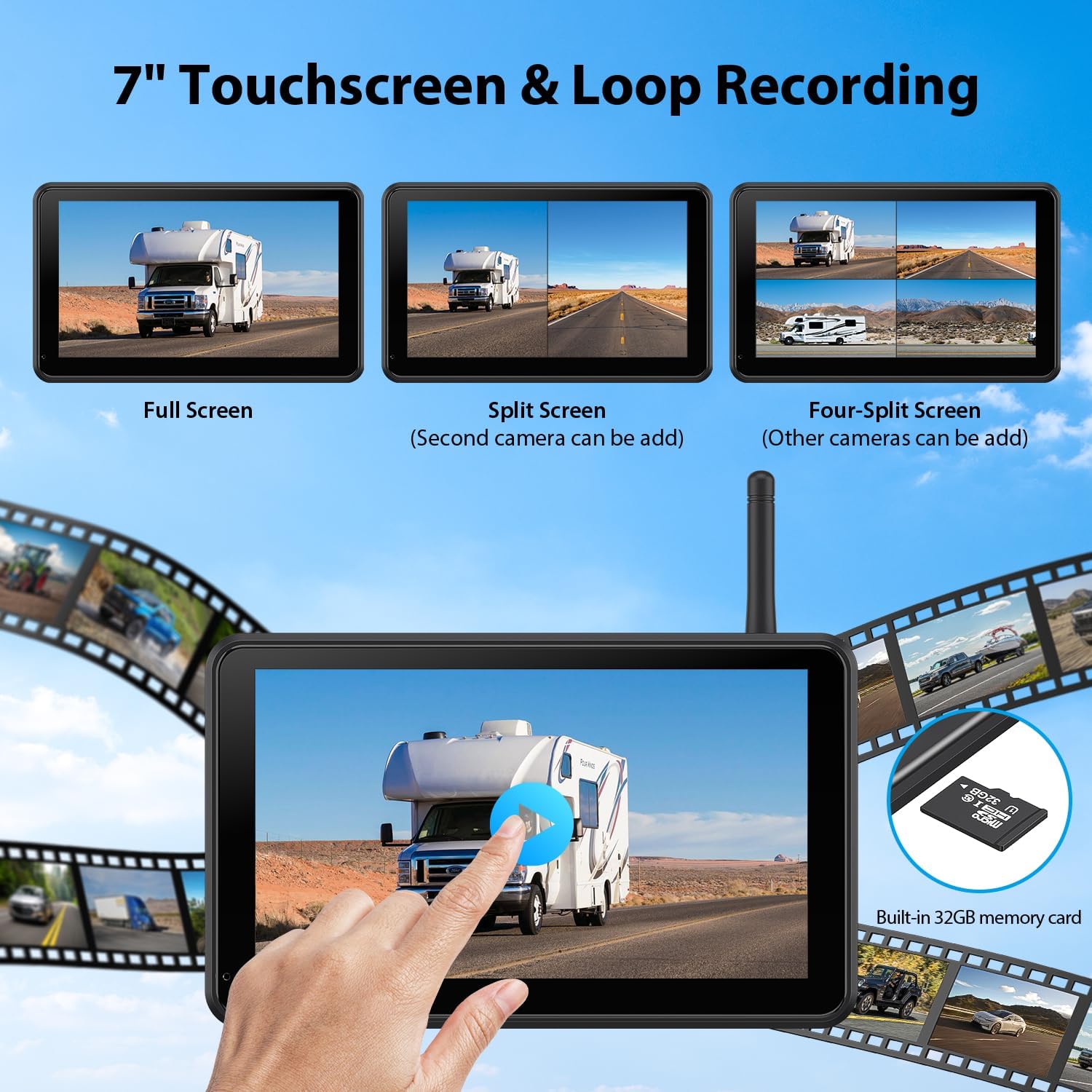 Detalle 2 de Solar Powered Wireless Reversing Camera Kit 7" 1080P Touchscreen Monitor with DVR, BSD & IR Night Vision
