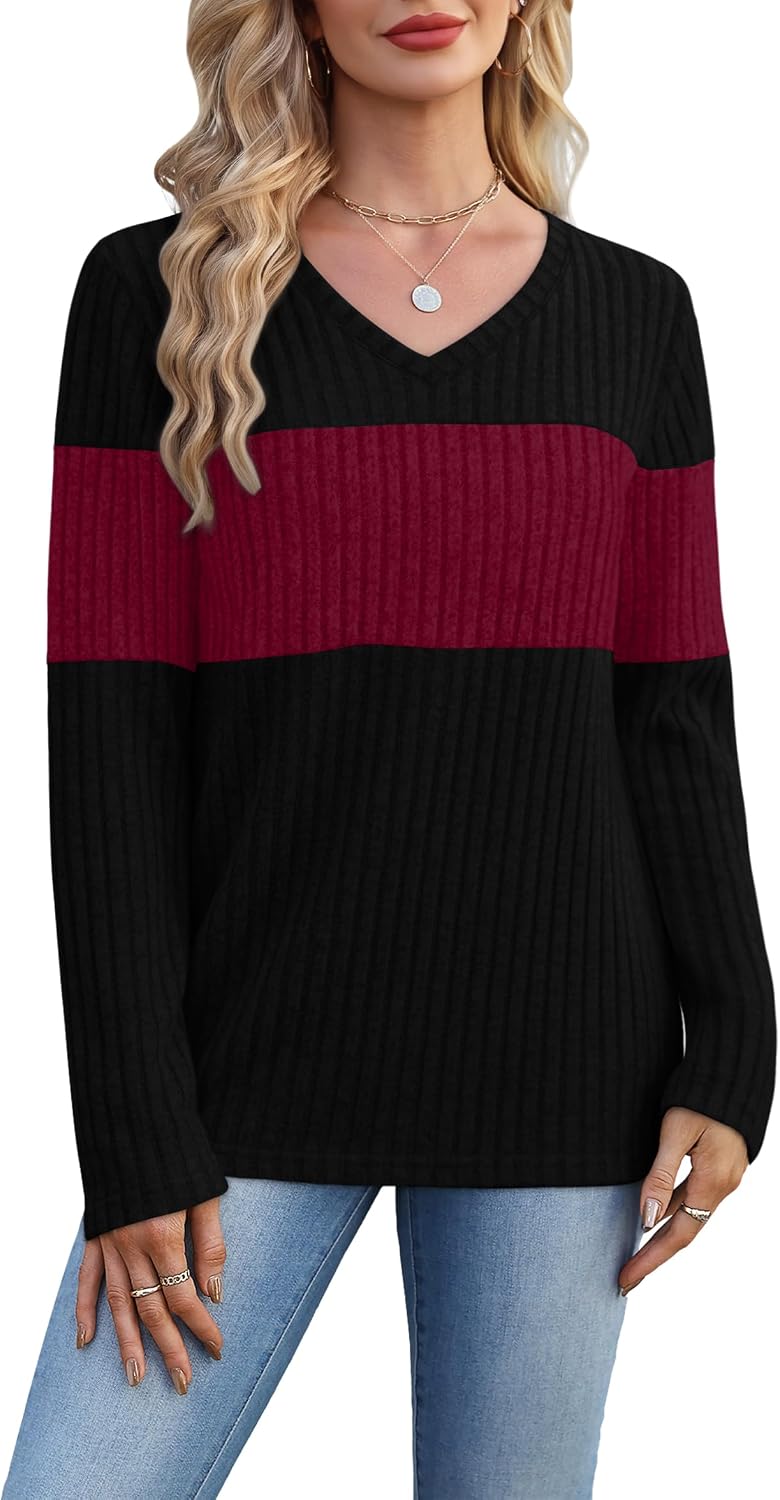 Thumbnail 3 de WIHOLL Women's Colour-Block V-Neck Long-Sleeve Sweater Top