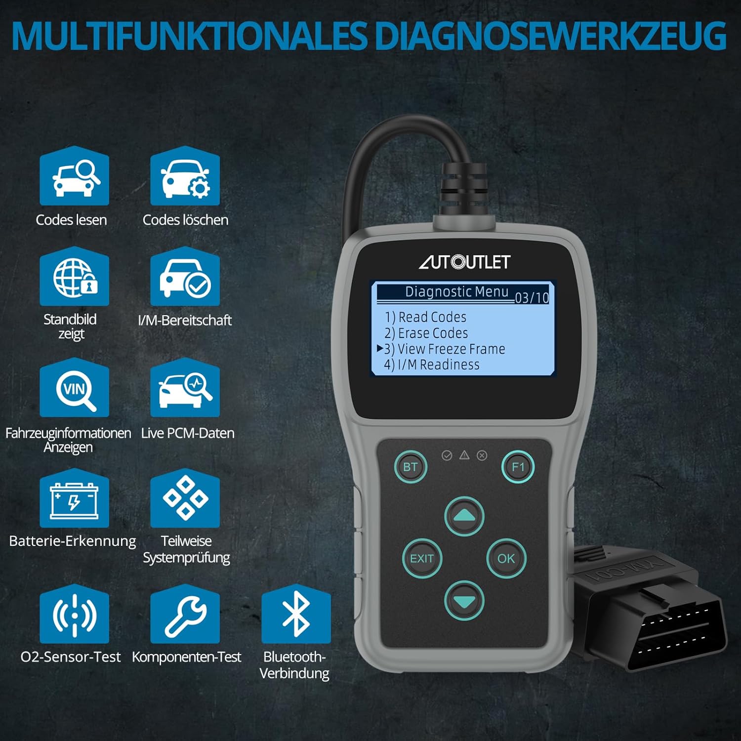 Thumbnail 1 de AUTOUTLET OBD2 Diagnosegerät mit Bluetooth – OBD-EOBD Scanner für 10 Modi & 10 Sprachen