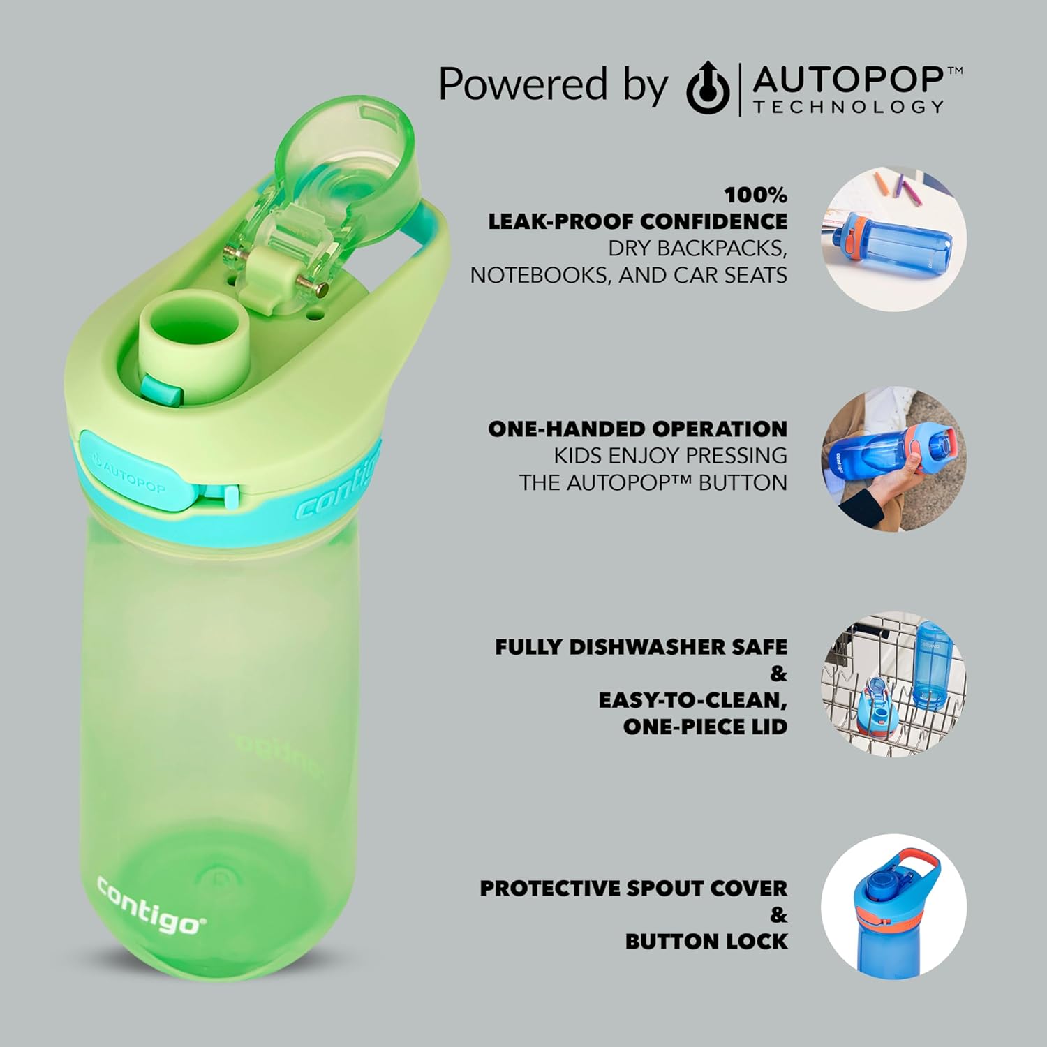 Detalle 2 de Contigo Jessie Autopop – Bouteille d’eau enfant 420 ml, 100% étanche et lavable au lave-vaisselle