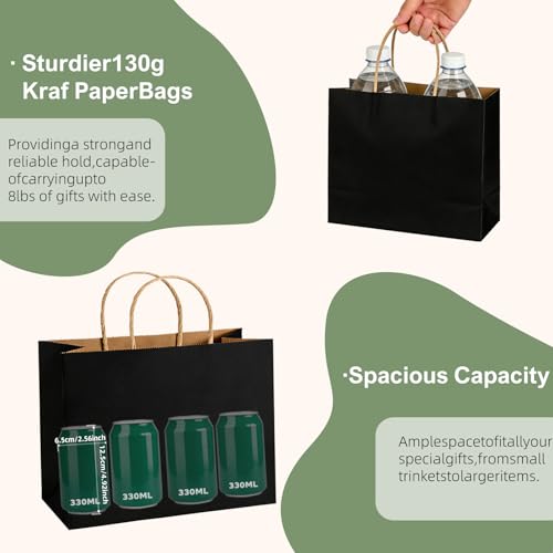 Detalle de Weifeng Bolsas de Papel Kraft Negras con Asas (50 uds, 30 x 23 x 12 cm) – Ideal para regalos, fiestas y embalaje