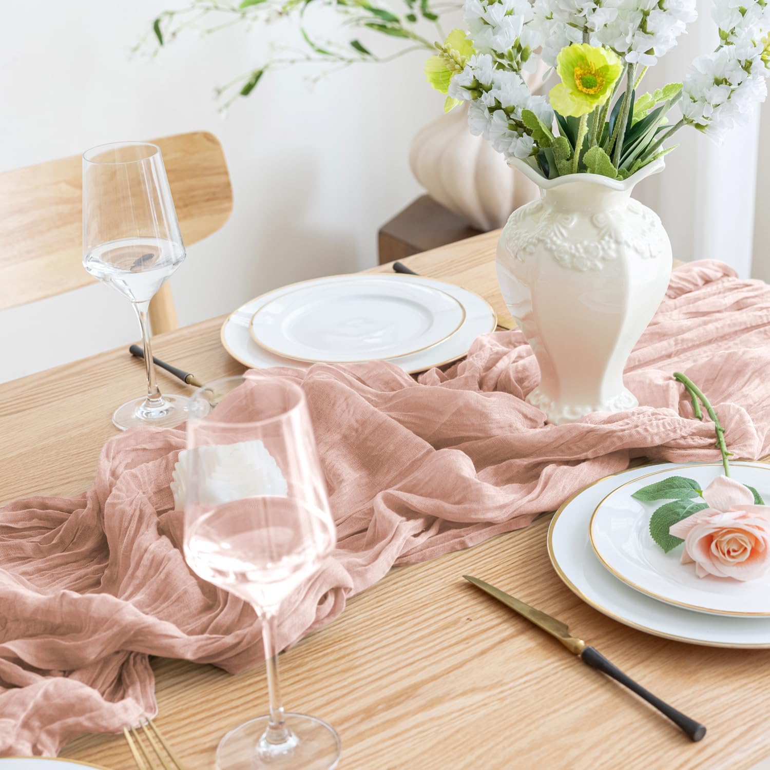 Detalle de Asee'm 4pc Dusty Pink Cheesecloth Table Runner Set — 120-Inch Boho Rustic 10ft Runways for Weddings & Events