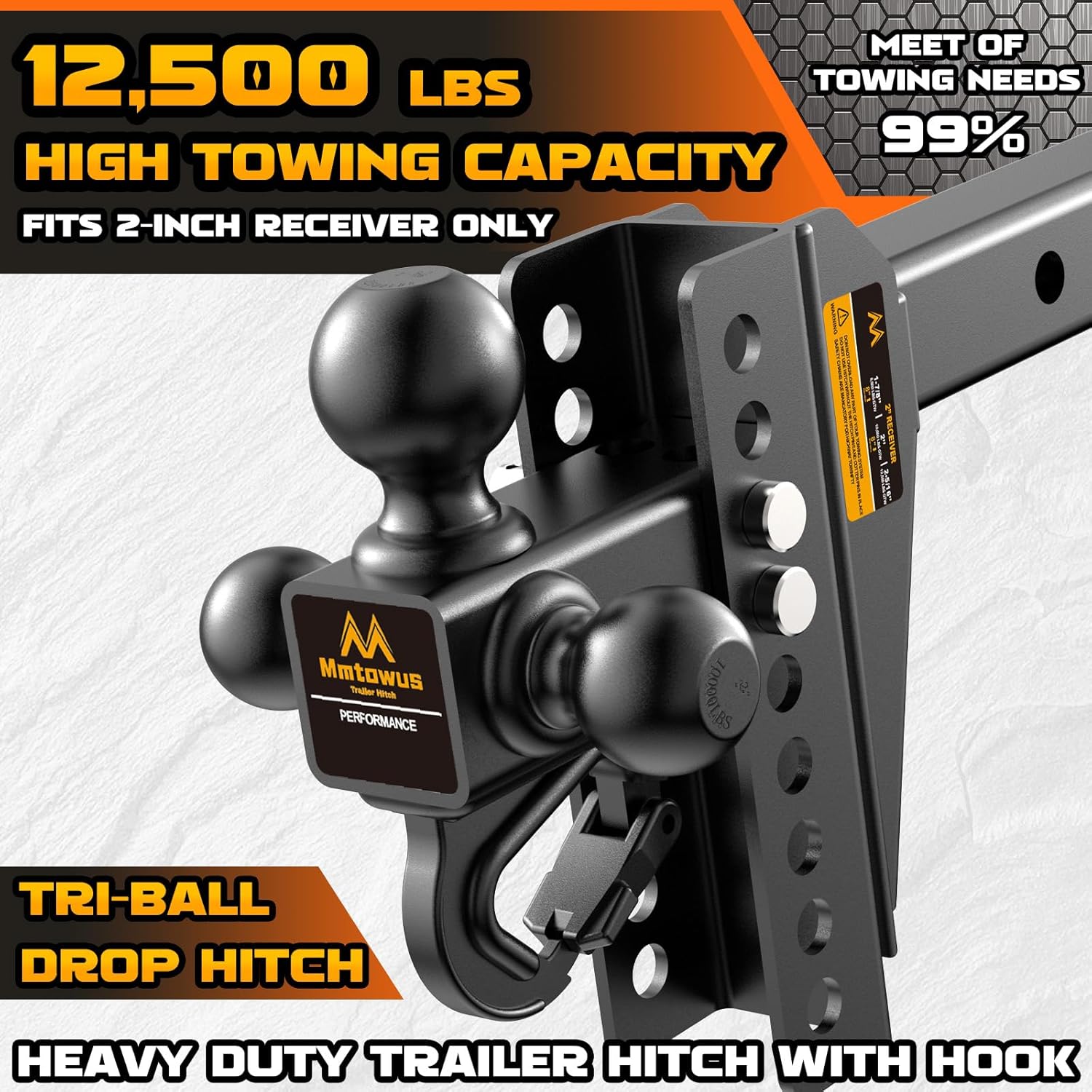 Detalle de Mmtowus Adjustable Trailer Hitch - Tri Ball Mount with Hook (1-7/8", 2", 2-5/16") for 2-Inch Receivers