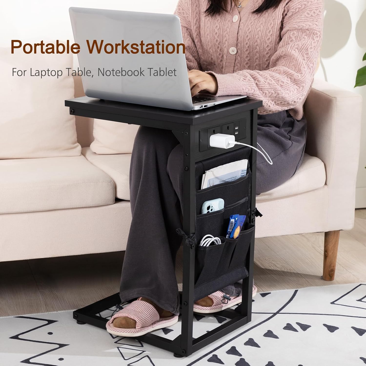 Detalle de AMHANCIBLE C-Shaped Side Table with Charging Station (set of 2) – 2 USB & AC outlets, storage pockets HET04CBK