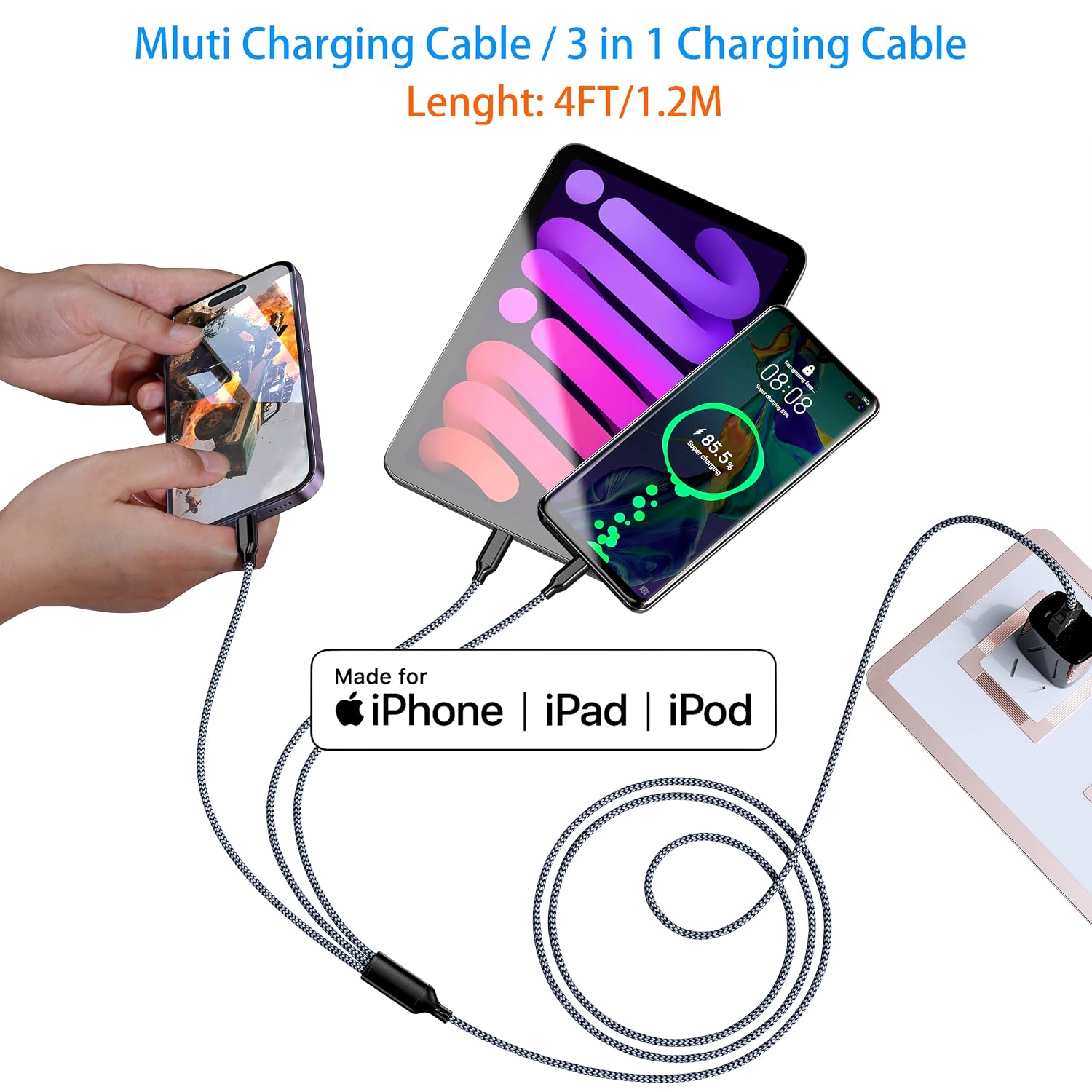 Detalle 2 de AICHUA 3-in-1 Multi Charging Cable (4ft, 2 Pack) with Lightning, USB-C, and Micro USB