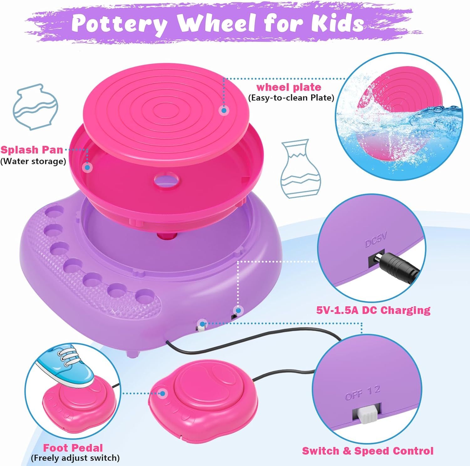 Thumbnail 2 de TingingYuli Plato de alfarería para niños Rosa Lila