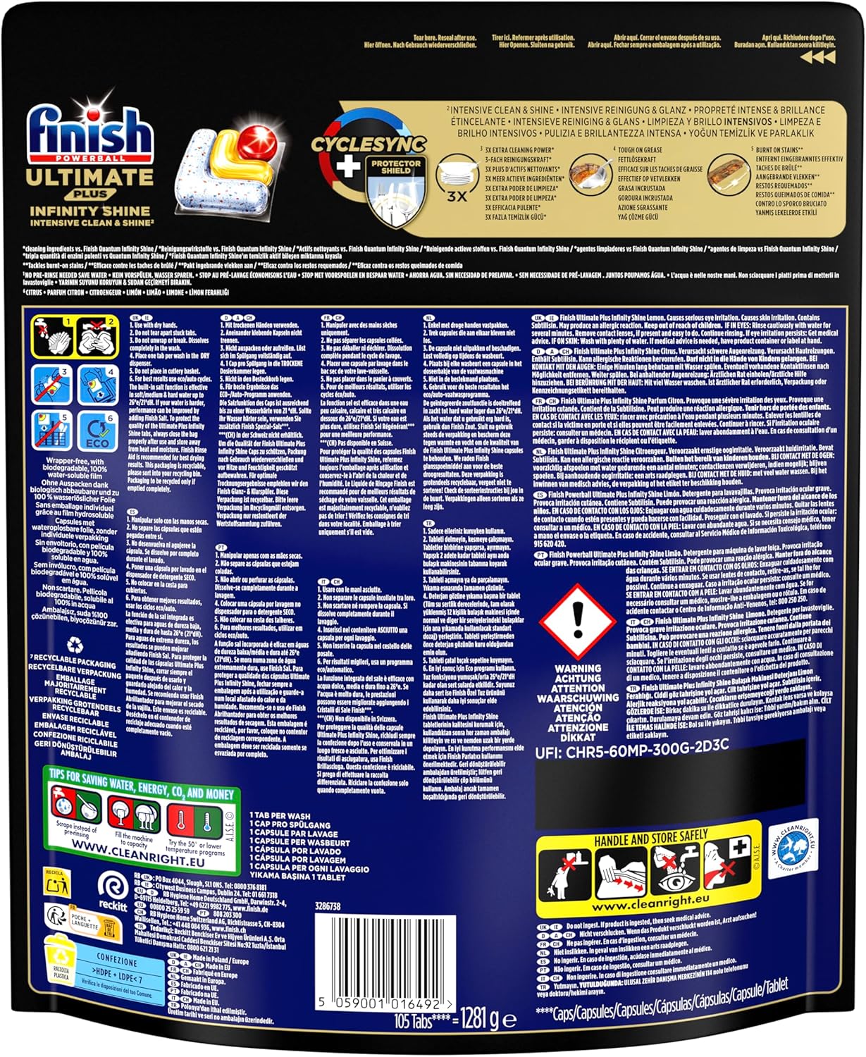 Thumbnail 1 de Finish Ultimate Plus Infinity Shine Pastilles Lave-Vaisselle Citron – Propreté intense et brillance étincelante, 105 capsules