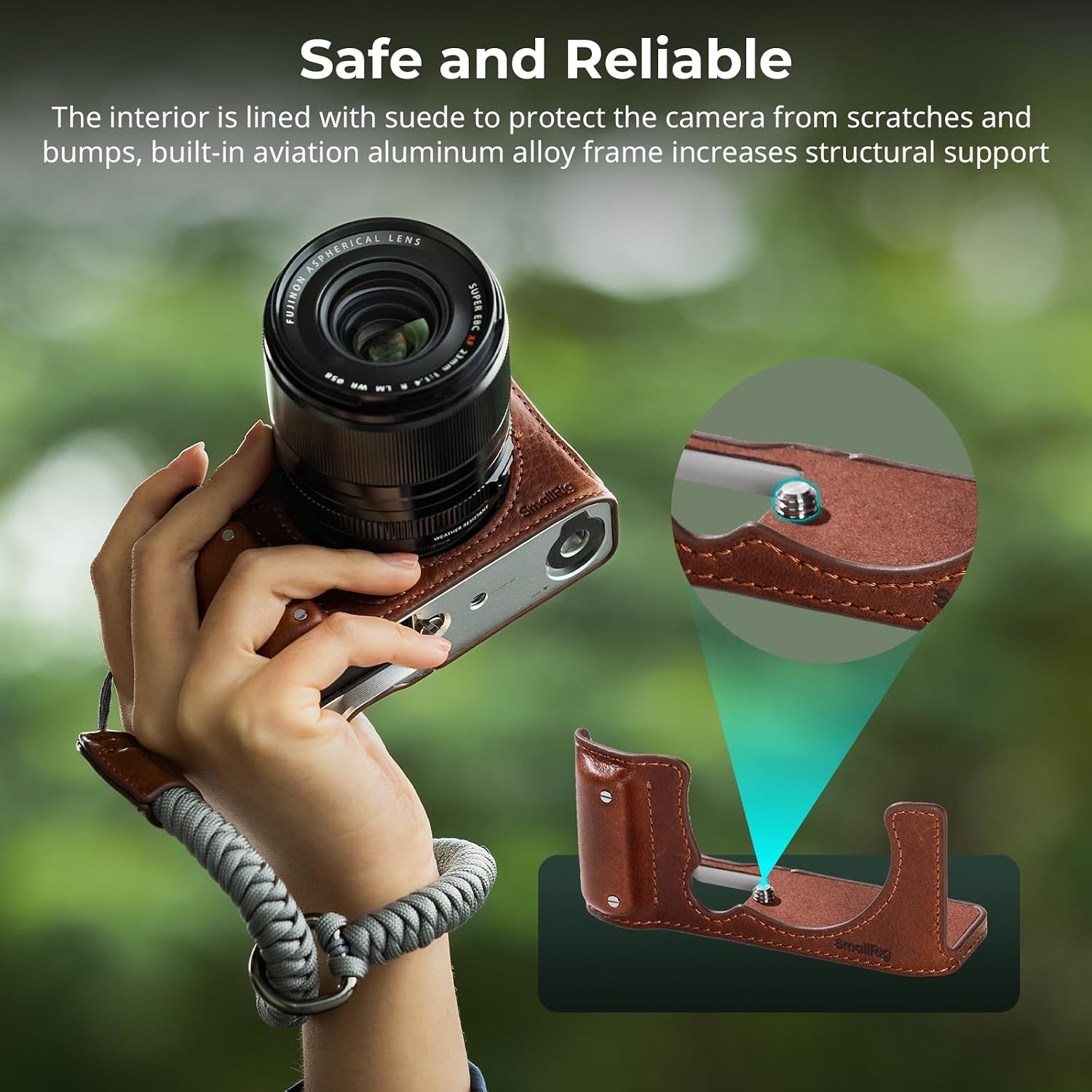 Detalle de SMALLRIG 4880 halfcase voor FUJIFILM X-M5, bruin, met polsband