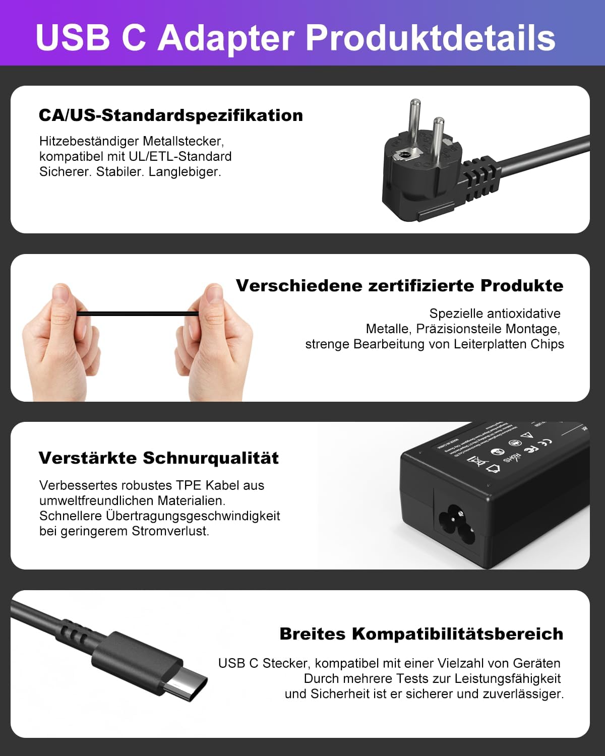 Detalle de 65W USB-C Laptop-Ladegerät für Lenovo ThinkPad und ThinkBook – Kompatibel mit ThinkPad Yoga, X1 Carbon, T- und E-Serien