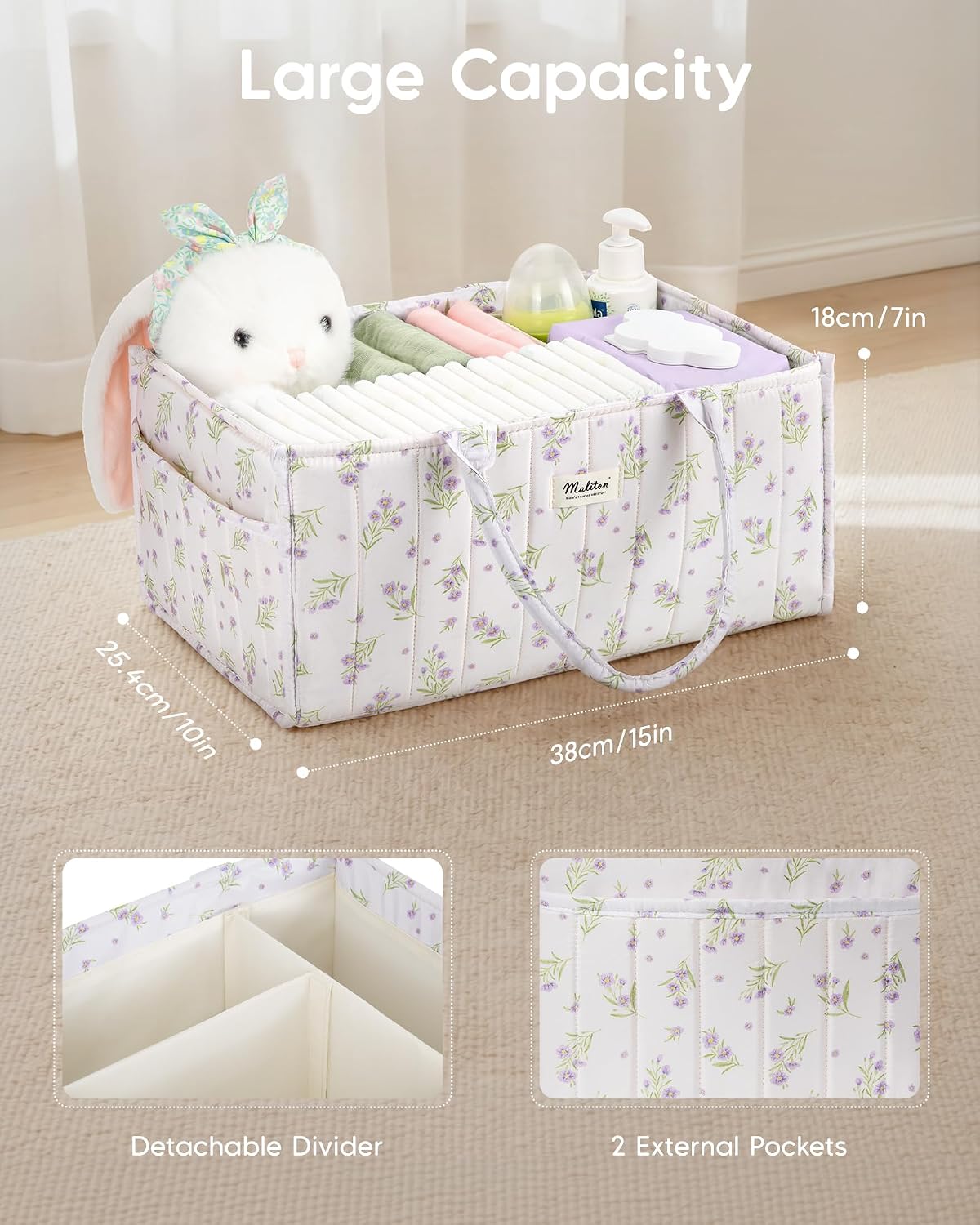 Thumbnail 2 de Maliton Nappy Caddy Organiser – Floral Baby Changing Caddy with Removable Dividers and Side Pockets