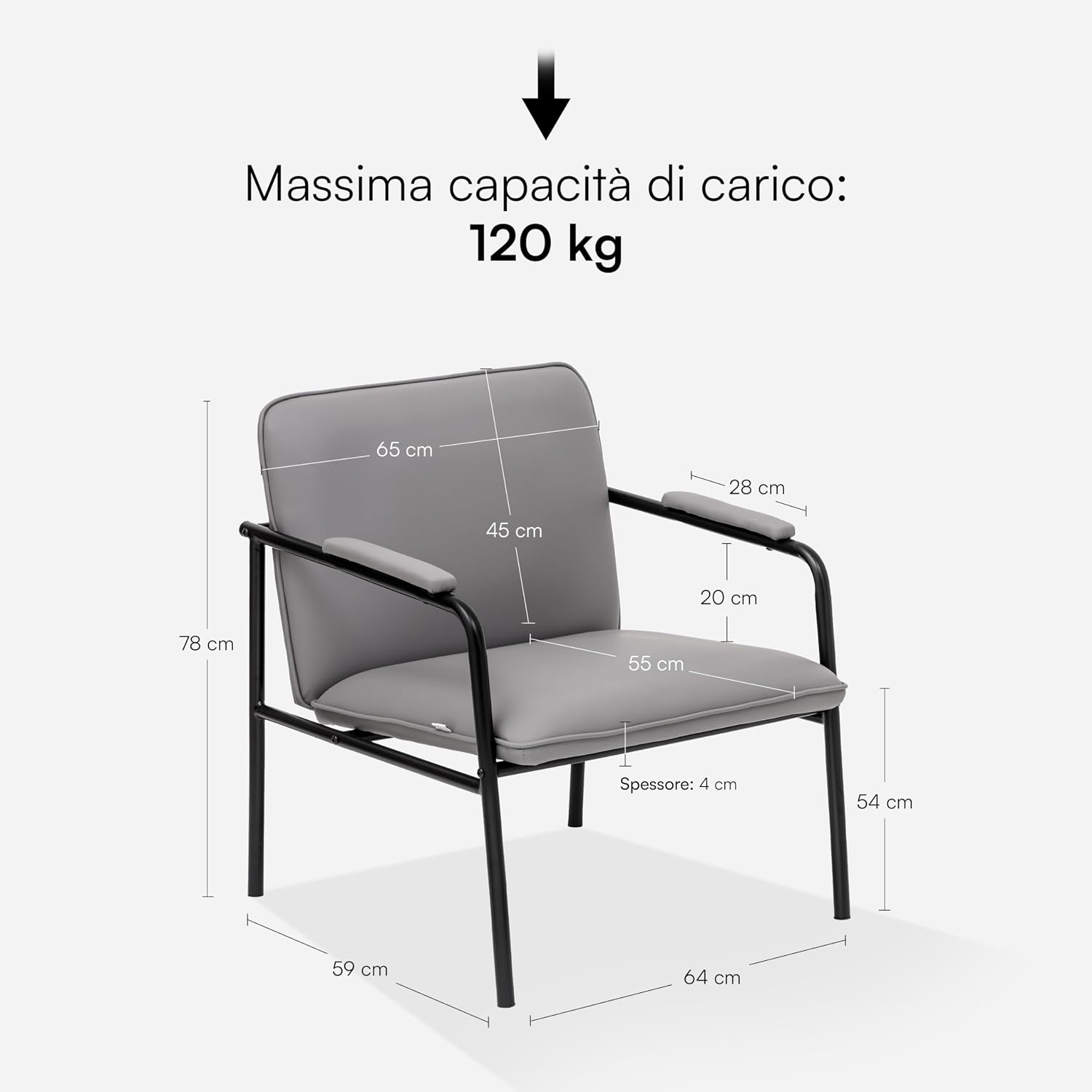 Thumbnail 2 de Baroni Home Poltrona in ecopelle con struttura in ferro design vintage grigia, seduta relax per salotto e ufficio (78x59x64 cm)