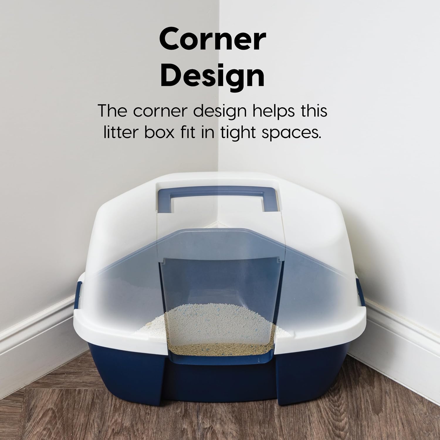 Detalle de IRIS USA 588426 Large Corner Cat Litter Box, Covered Navy/White Design
