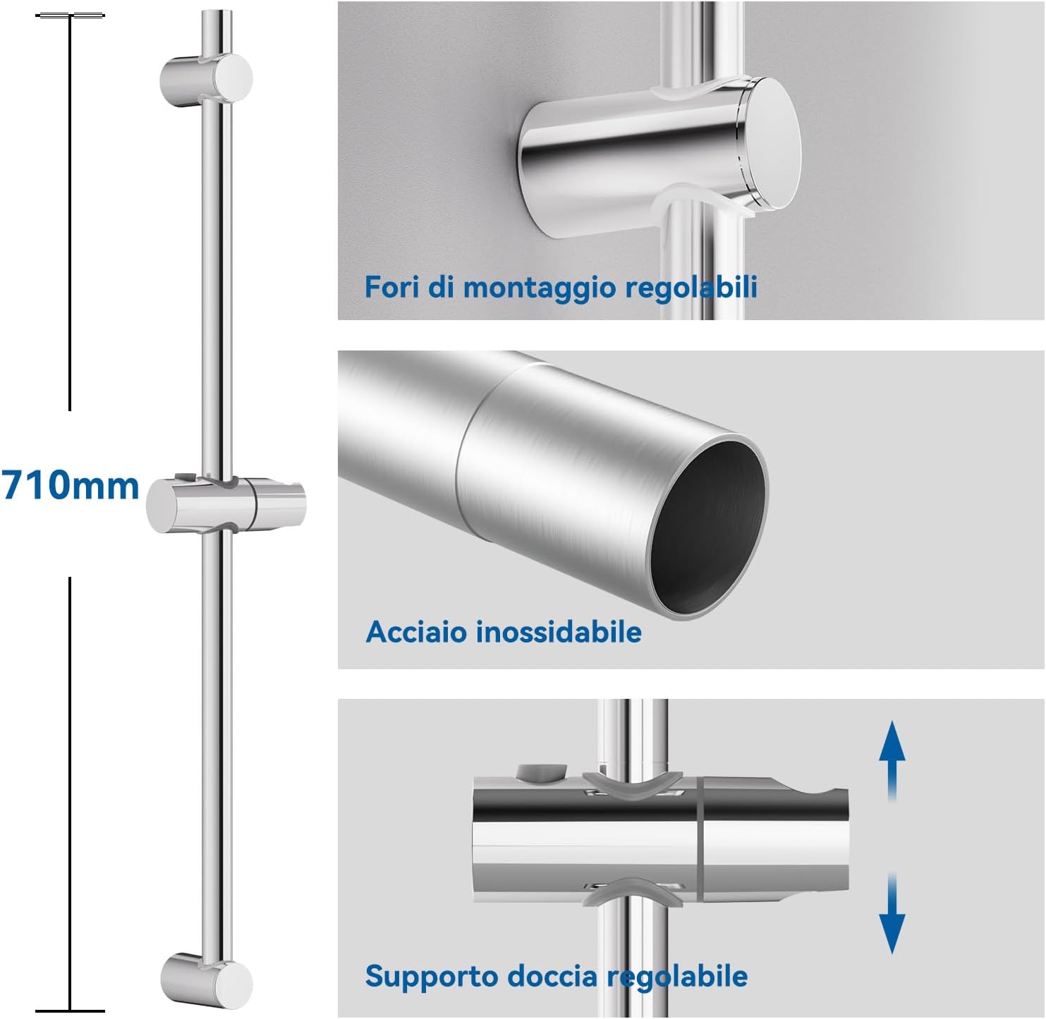 Detalle de AuraLum Asta doccia 70 cm con saliscendi in acciaio inox e supporto soffione regolabile