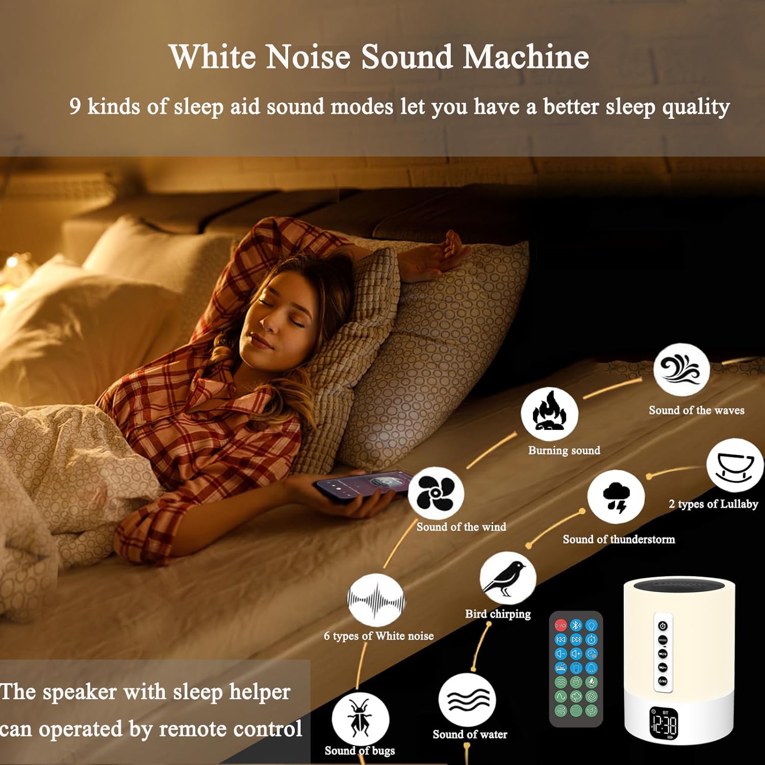 Detalle de Réveil Enceinte Bluetooth Lampe de Chevet Multifonction avec Bruit Blanc – Hifi, Veilleuse et Réveil LED
