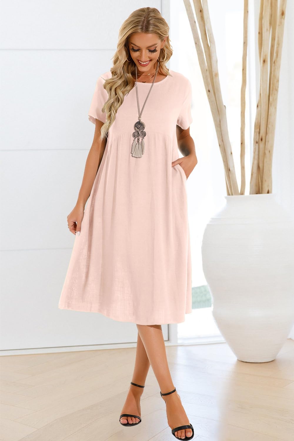 Thumbnail 3 de Tincini Sommerkleid Damen aus Leinen & Baumwolle – V-Ausschnitt Midikleid mit A-Linie