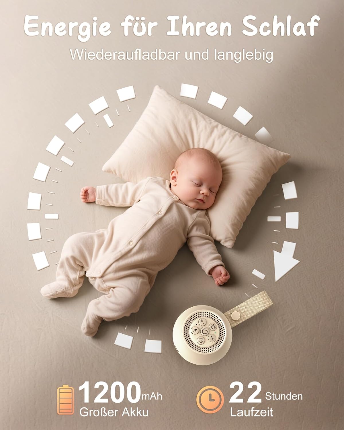 Detalle de Babacom Tragbare White Noise Machine Baby mit Sprachaufzeichnung – 15 beruhigende Geräusche, Nachtlicht, Timer und USB-C