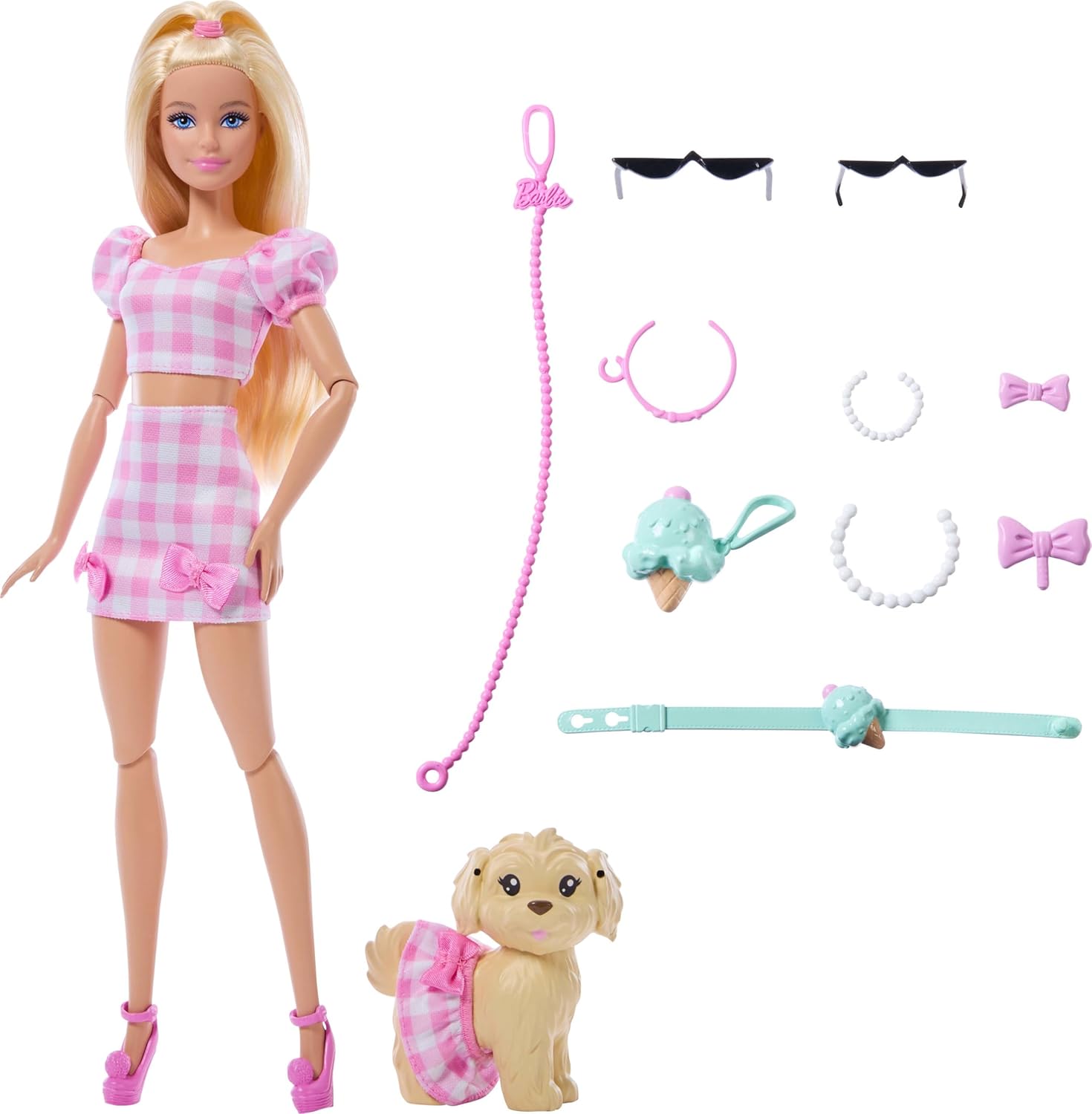 Detalle de Barbie - Twinning Looks: bambola e cagnolino in abiti rosa a quadretti, set abbinato
