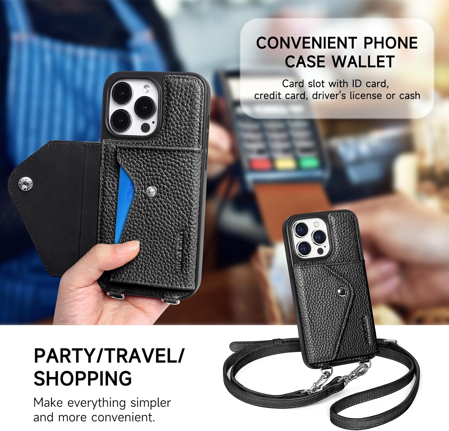 Thumbnail 1 de LUCKYCOIN Genuine Leather Crossbody Wallet Case for iPhone 15 Pro