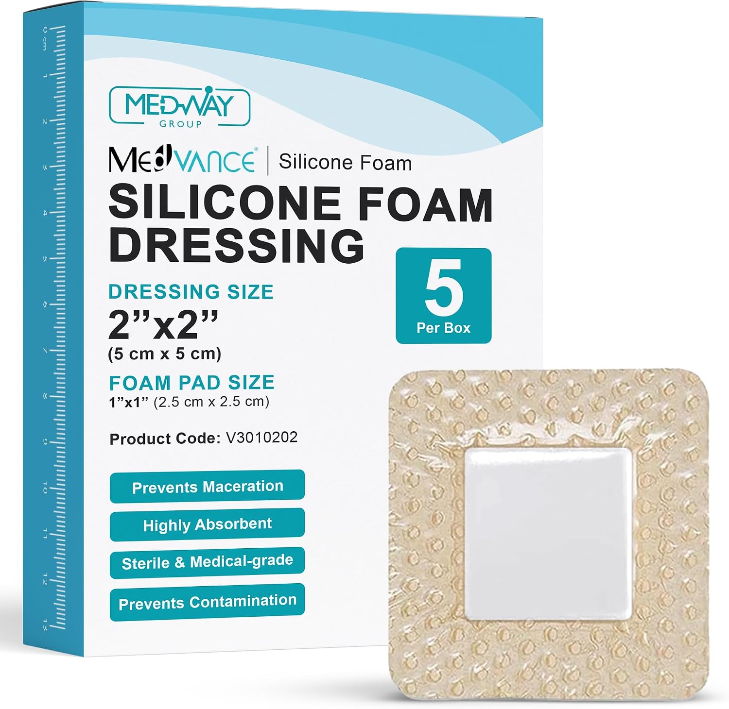 Detalle de MedVance V3010202 Silicone Foam Dressing, 2 x 2 in, Adhesive Border, 5-Pack