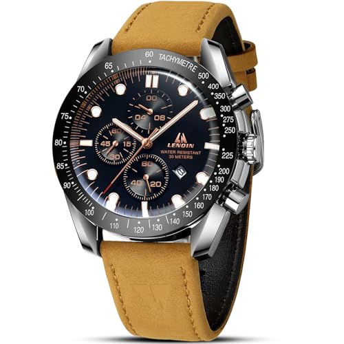 Detalle de LN LENQIN Montre Homme - Montre analogique à quartz, étanche 3ATM, bracelet cuir