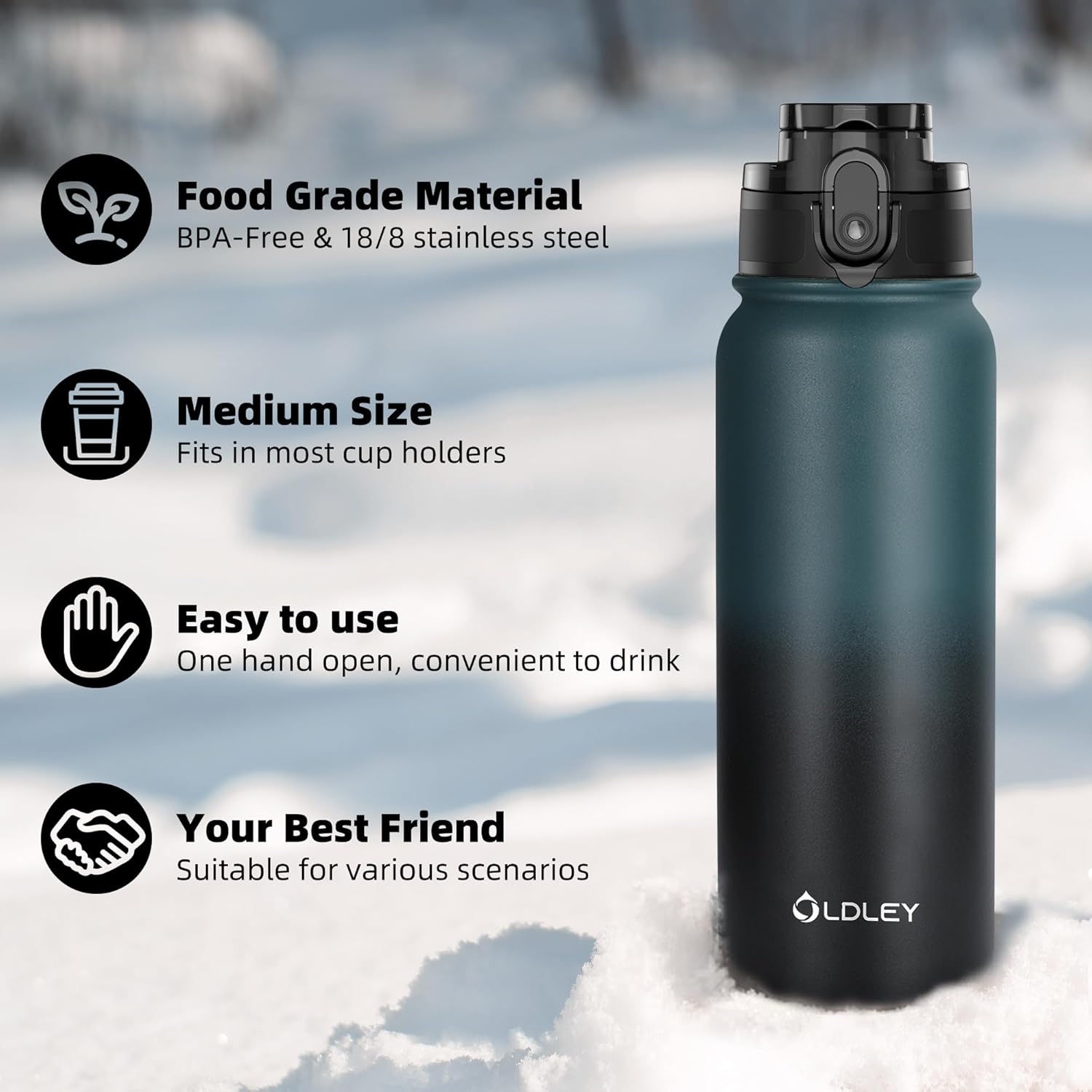Thumbnail 5 de OLDLEY 600ml Stainless Steel Double-Walled Vacuum Water Bottle (Leakproof, BPA-Free) – Green/Black