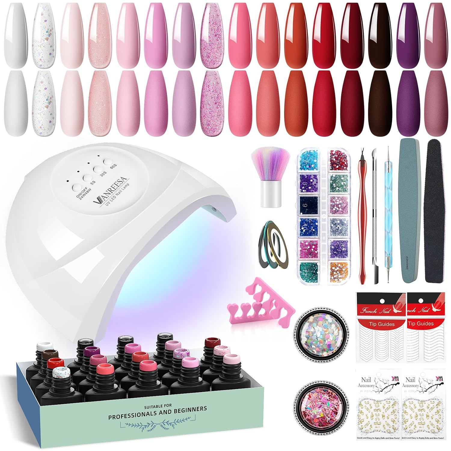 Detalle de VANREESA U V Nagellack Set mit 48W UV/LED-Lampe, 16 Farben – Starterset für Gelnägel zu Hause
