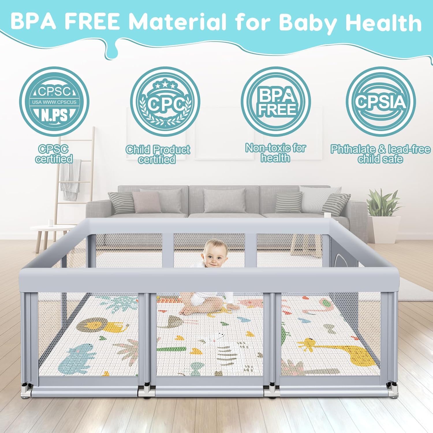 Thumbnail 2 de Fshibila 74" × 50" Large Baby Playpen (Baby Playard) with Breathable Mesh, Anti-Fall Safety & Mat